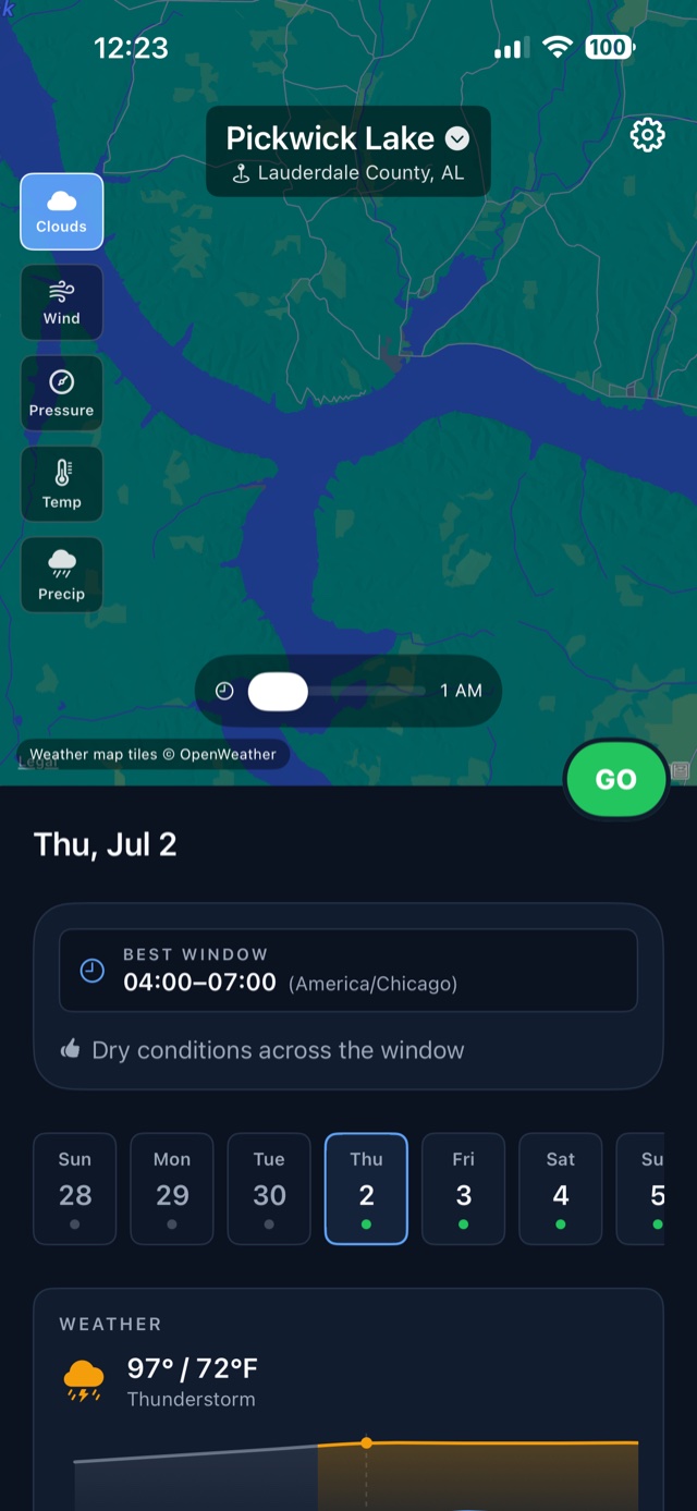 Fishing Weather app: Pickwick Lake on the weather map with a GO call, the day's best window, and the forecast