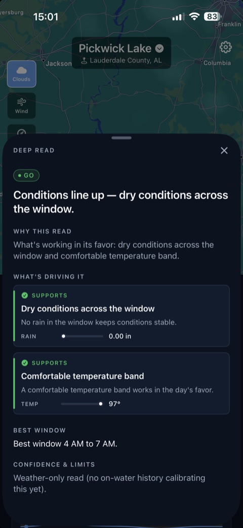 Fishing Weather app: a structured condition read — why today's call, what's driving it, and its limits